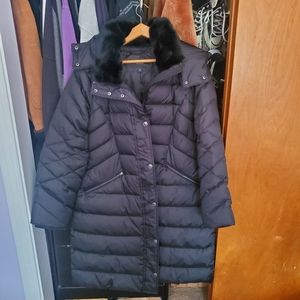 Long black puffer winter coat with hood